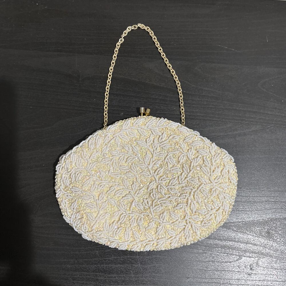 VTG Walborg Richere White Glass Beaded Clutch 1960s Hong Kong Evening/Bridal Bag